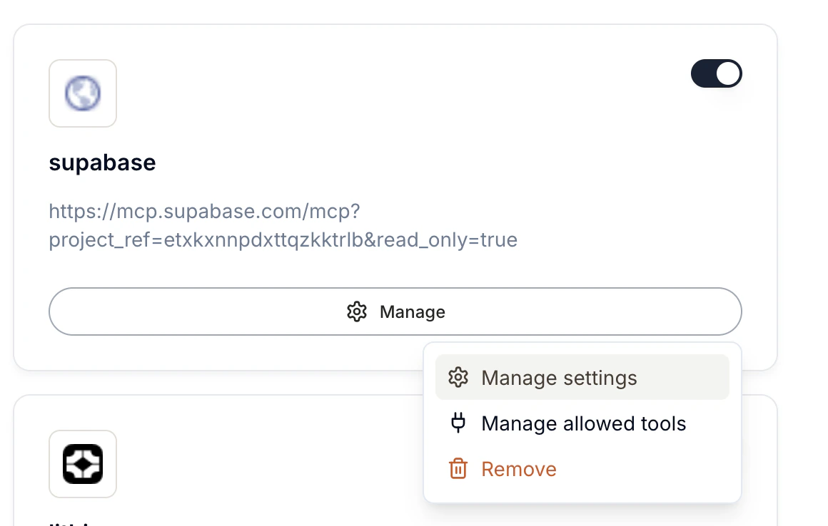 Manage dropdown menu showing Manage settings, Manage allowed tools, and Remove options.