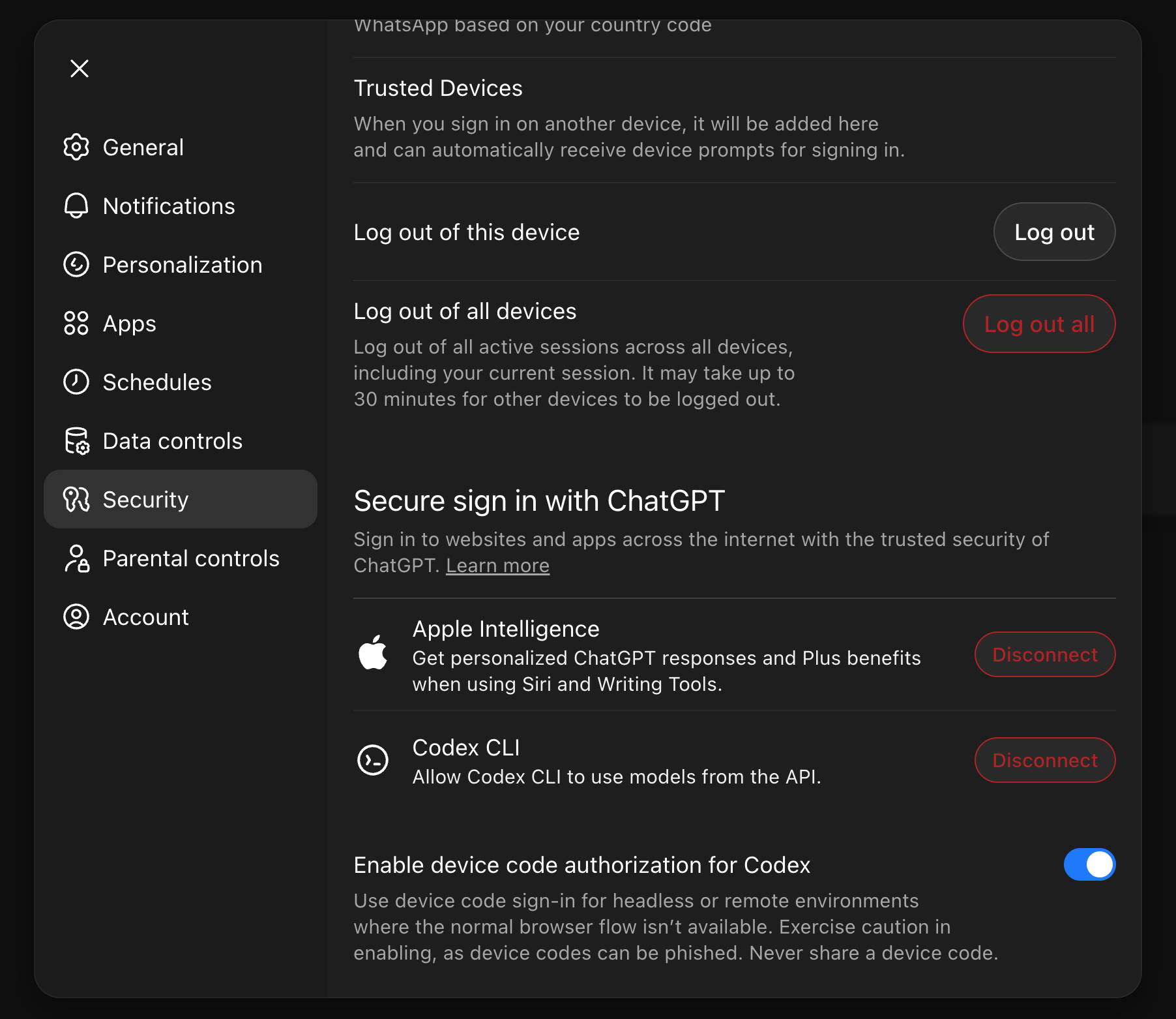 ChatGPT Security settings showing the 'Enable device code authorization for Codex' toggle