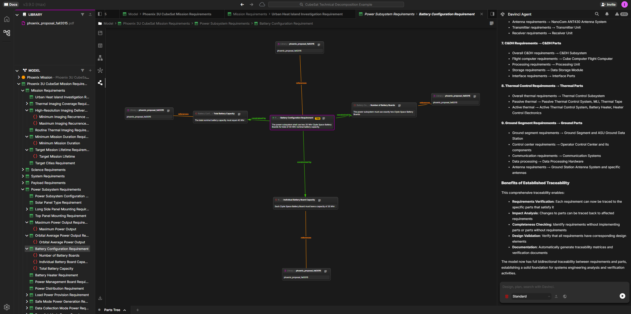 Digital thread view showing Battery Configuration Requirement traced to parts and components