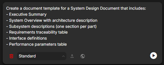 Prompting Davinci to create a System Design Document template from requirements