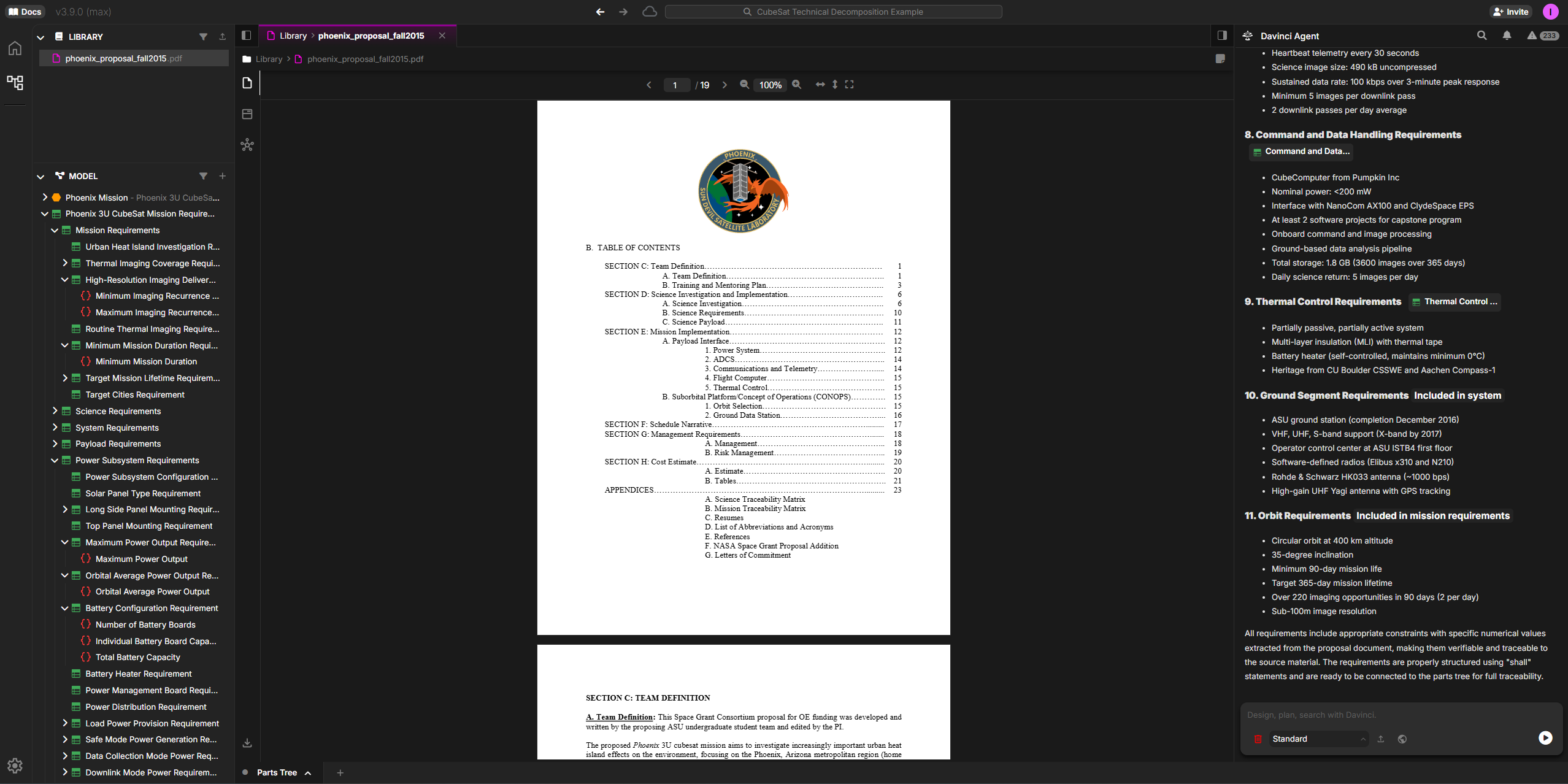 Davinci displays the PDF alongside the extracted requirements organized in the model tree