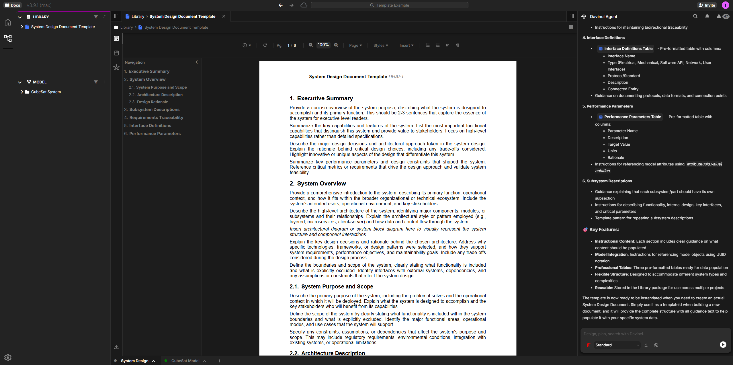Example of a generated template showing structure with sections, tables, and placeholders
