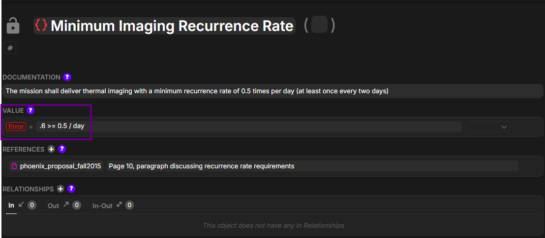 Requirement value expression showing Error state when expression is invalid