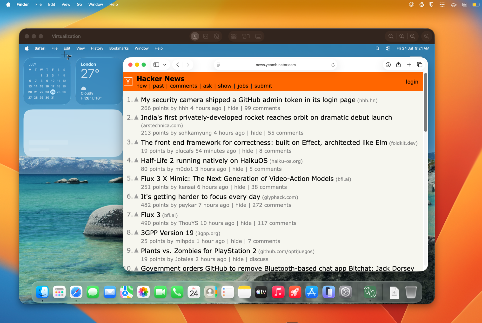 Disposable macOS desktop with Safari open to Hacker News inside a local virtualization window