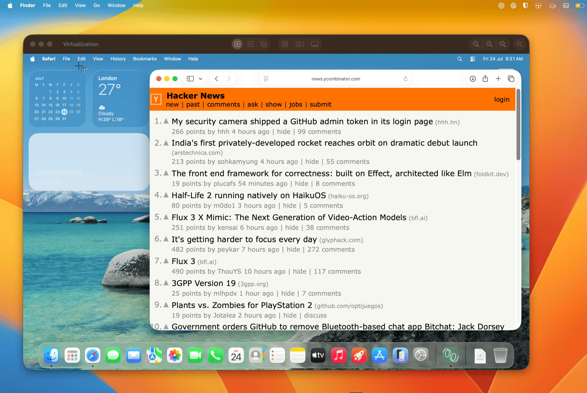 Disposable macOS desktop with Safari open to Hacker News inside a local virtualization window