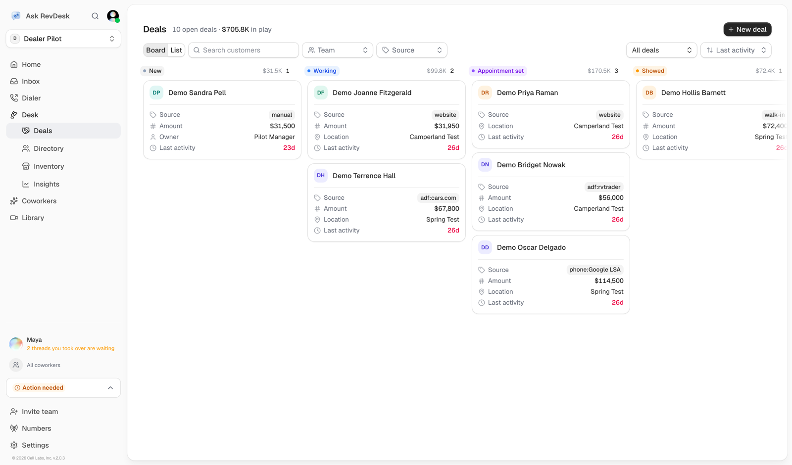 The Deals board view, with deals grouped into stage columns