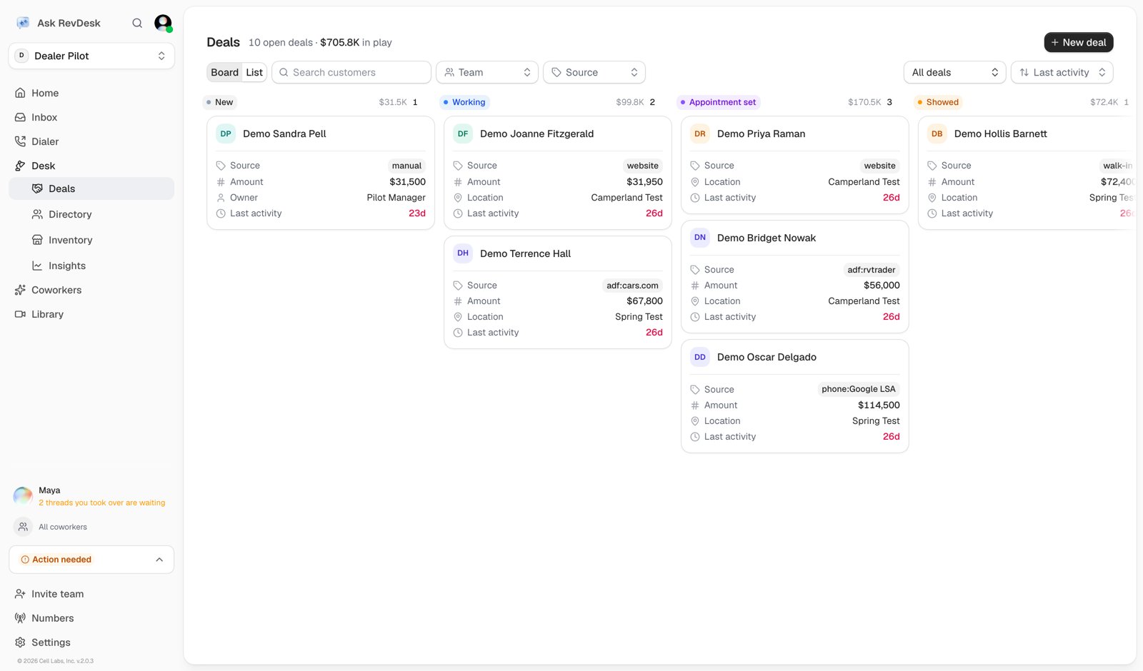 The Deals board view, with deals grouped into stage columns