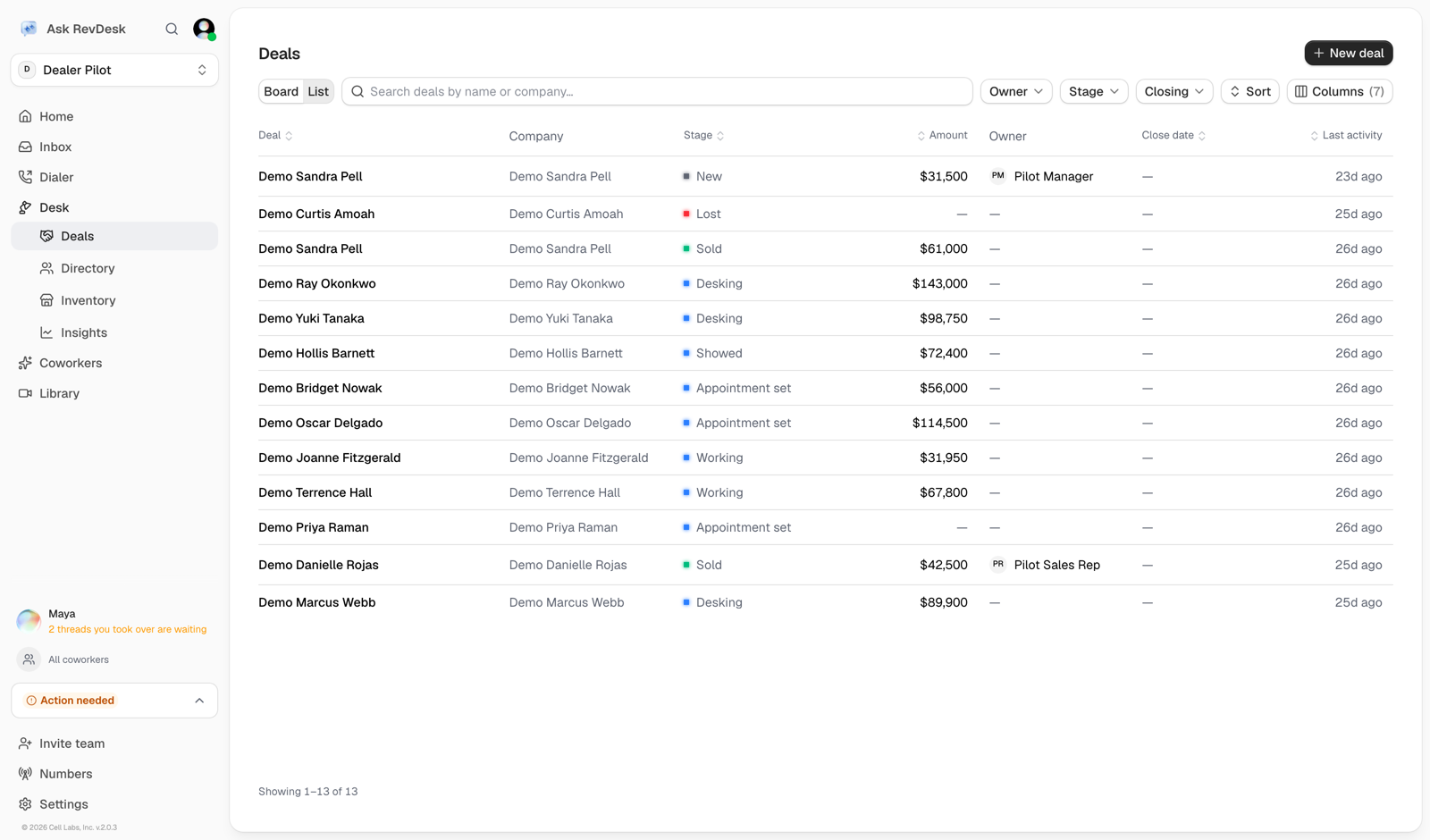 The Deals list view: a sortable table of deals with company, stage, amount, and owner