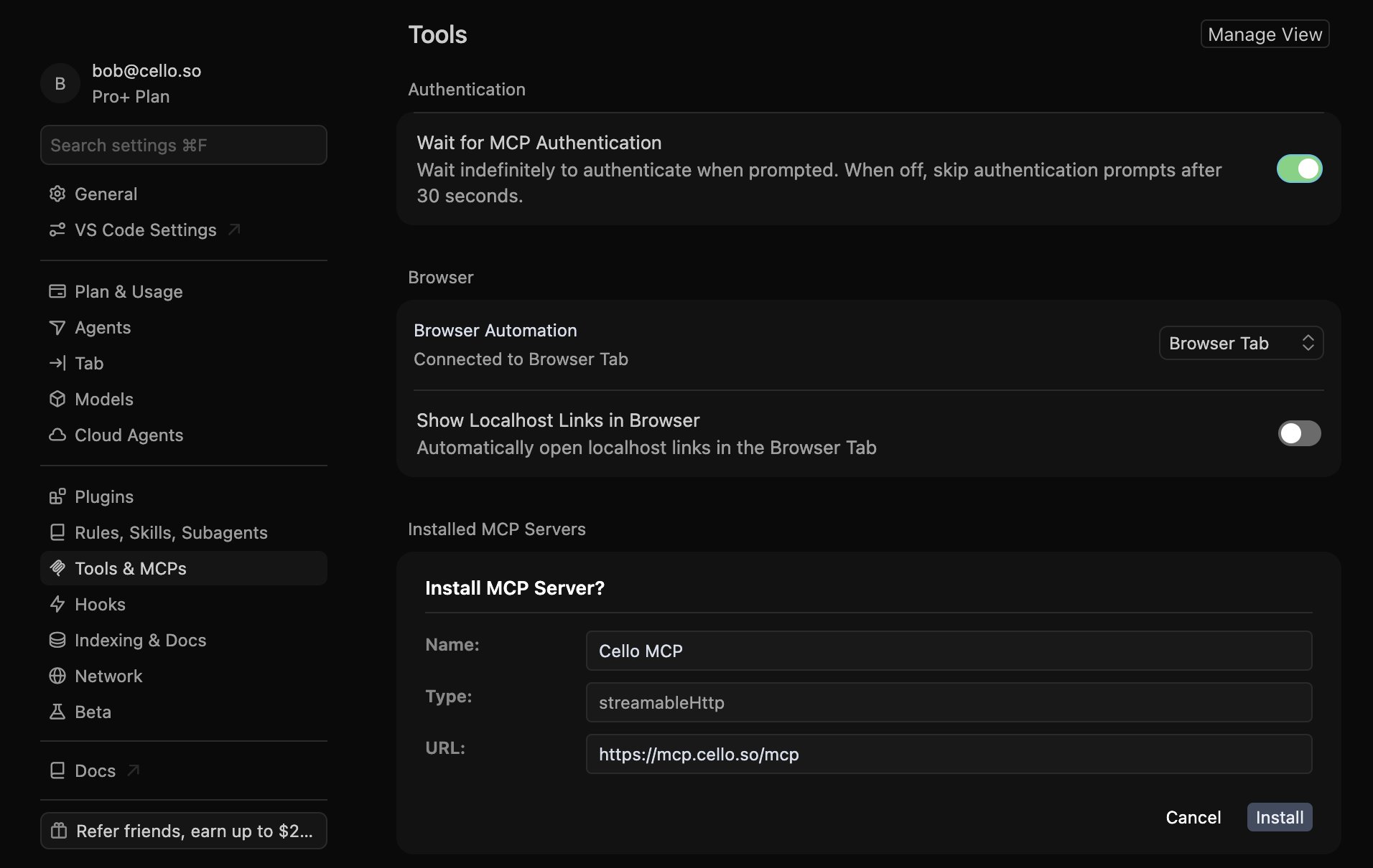 Cursor Install MCP Server dialog showing Name as Cello MCP, Type as streamableHttp, and the Cello server URL