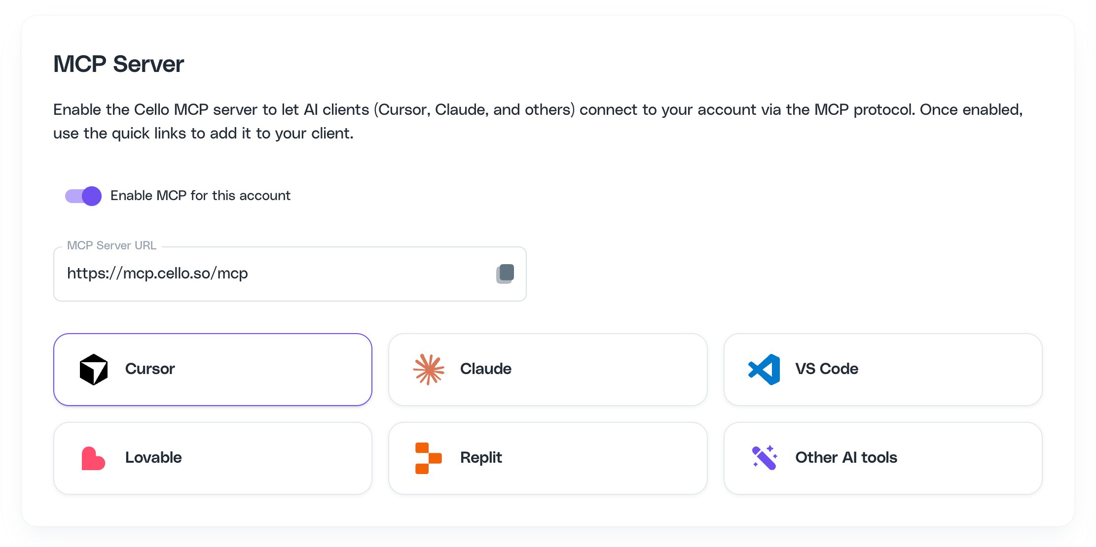 Cello Portal MCP Server page with the Cursor quick-add card highlighted