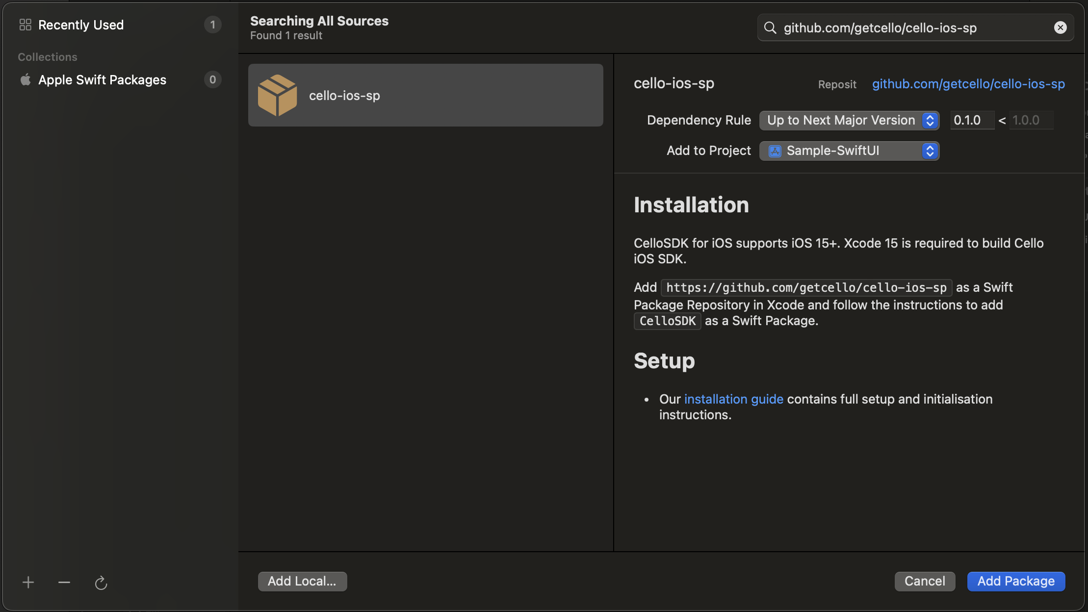 iOS Swift Package Manager configuration for Cello SDK installation