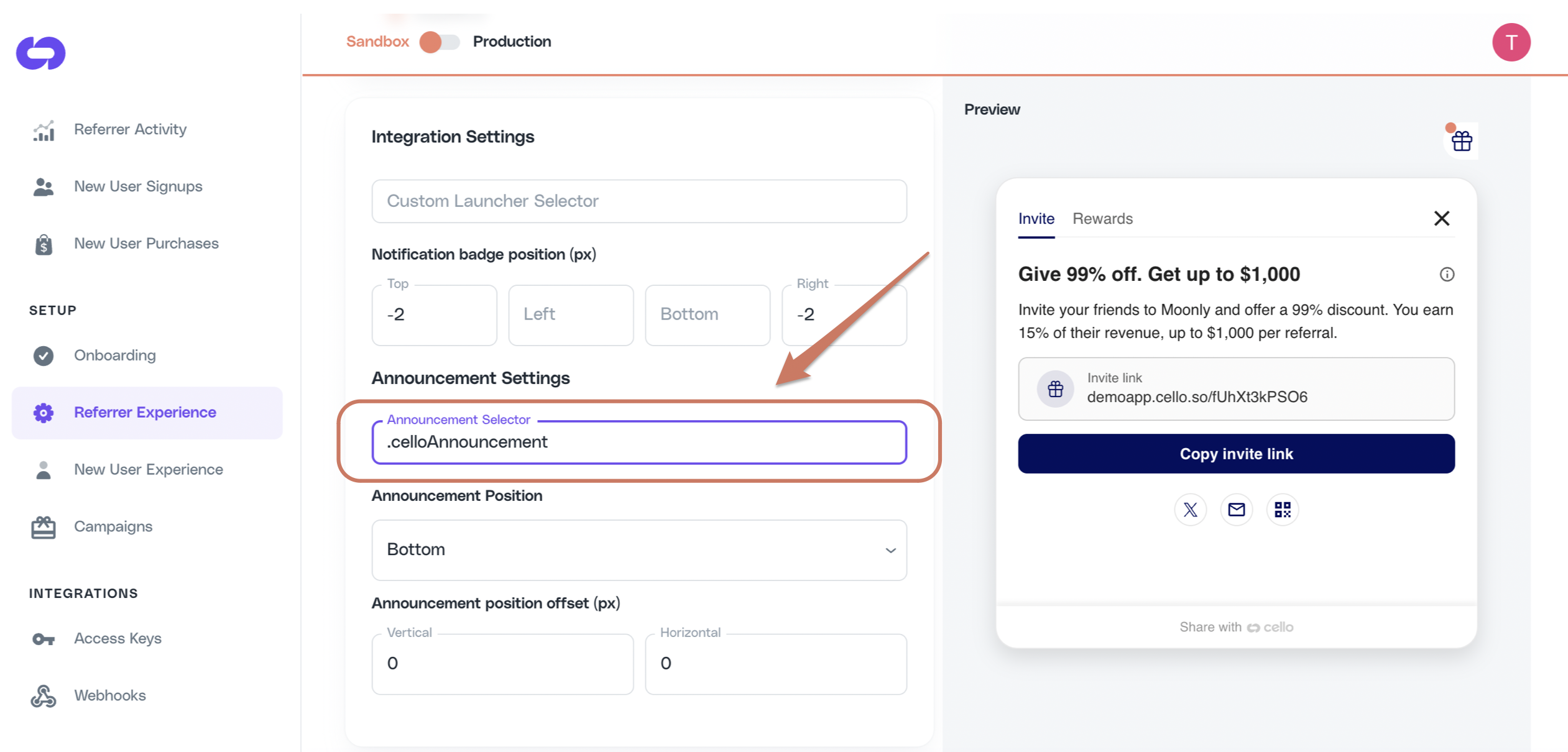 Cello Portal configuration for announcement selector and positioning