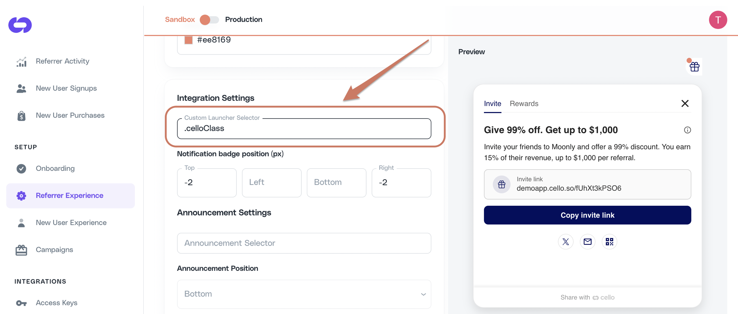 Cello Portal configuration for custom launcher selector settings