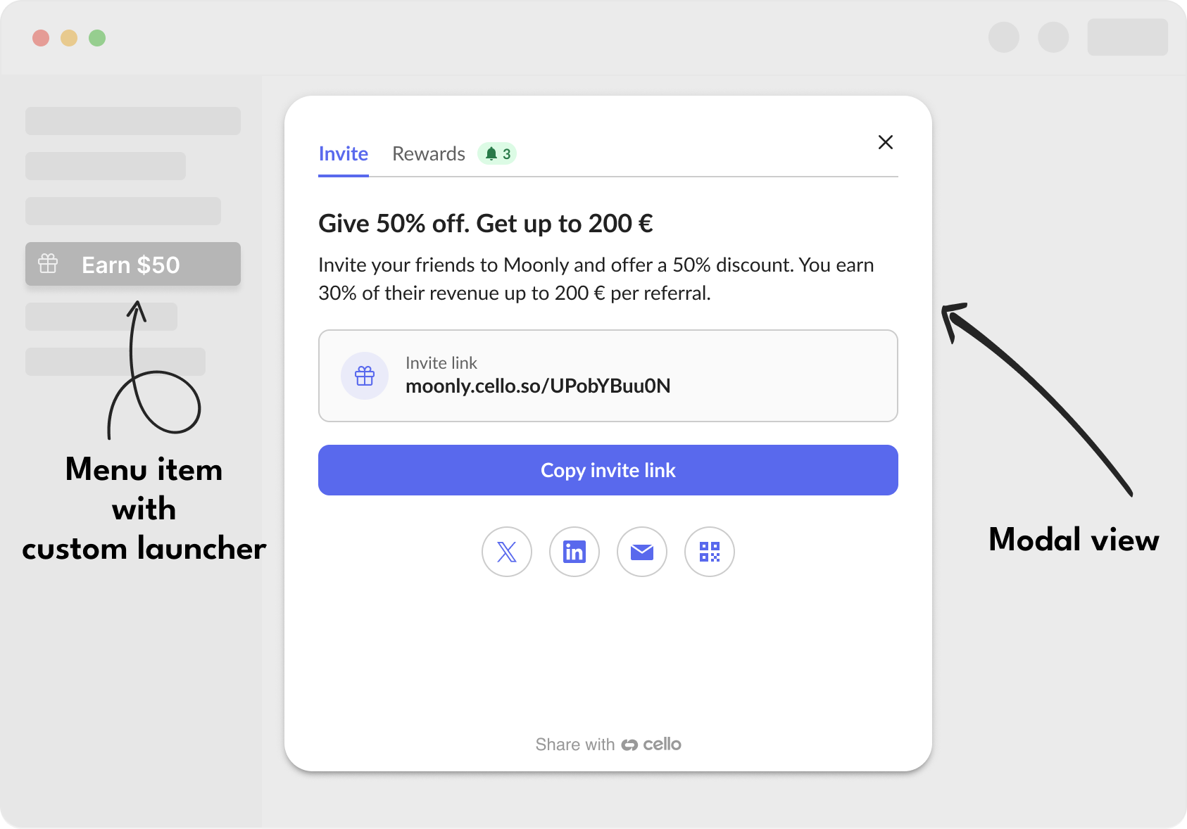 Custom launcher integration showing referral component embedded in application menu