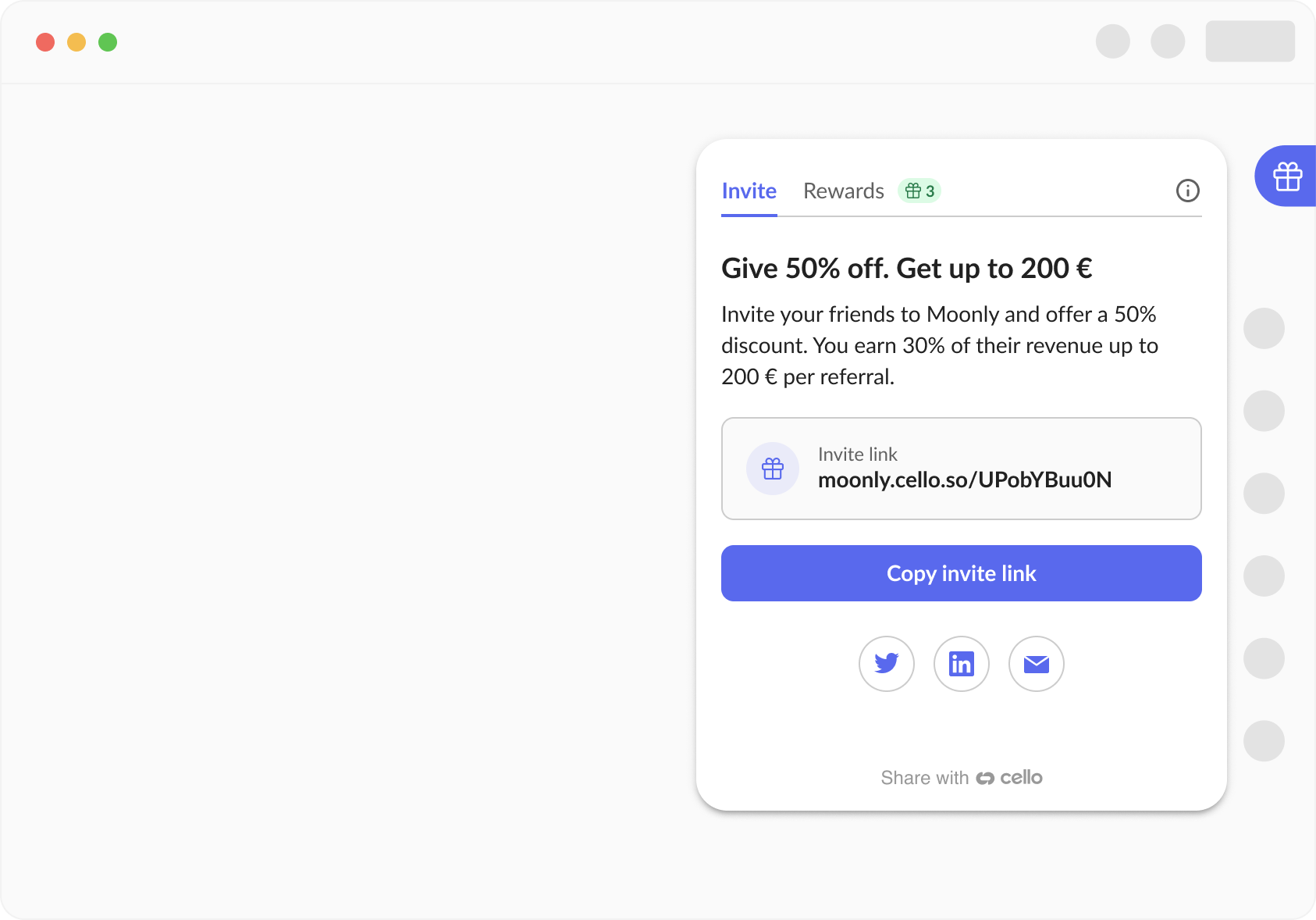 Cello Referral Component interface showing sharing options and rewards tracking