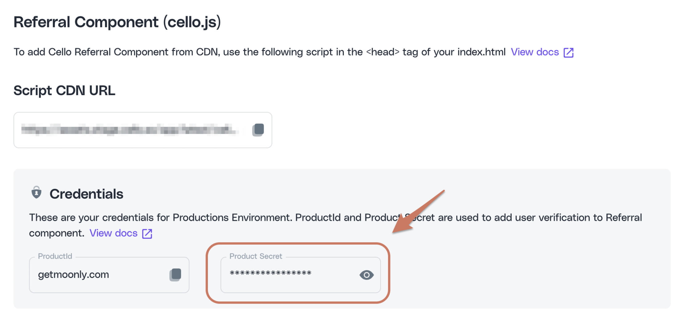 Portal Credentials Access Keys productId and PRODUCT_SECRET for Referral Component Cello JS