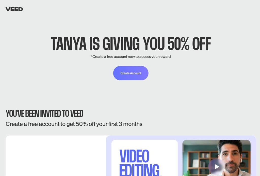 VEED referral landing page showing the referrer's name and the new user discount in the headline