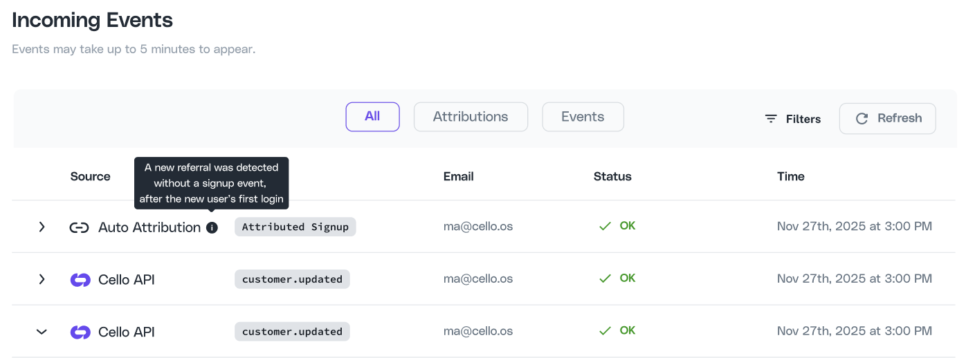 Event Feed list view showing events from multiple sources