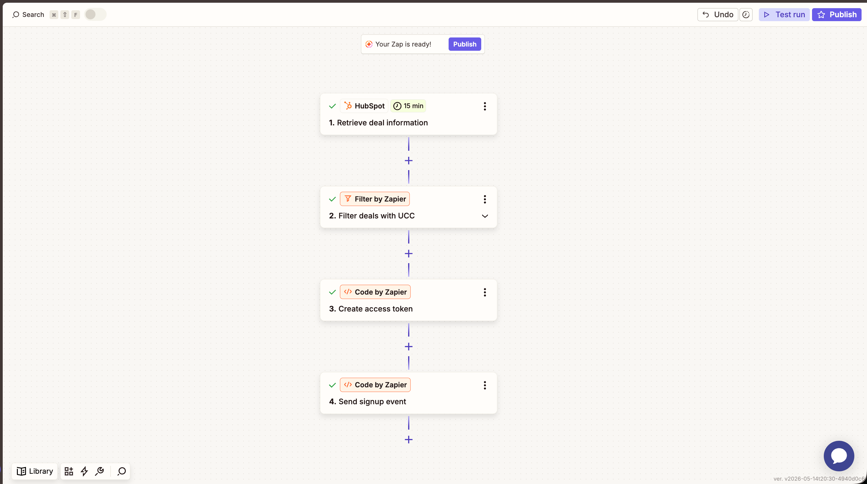 HubSpot + Zapier flow with four steps: retrieve deal info, filter on ucc, create access token, send signup event