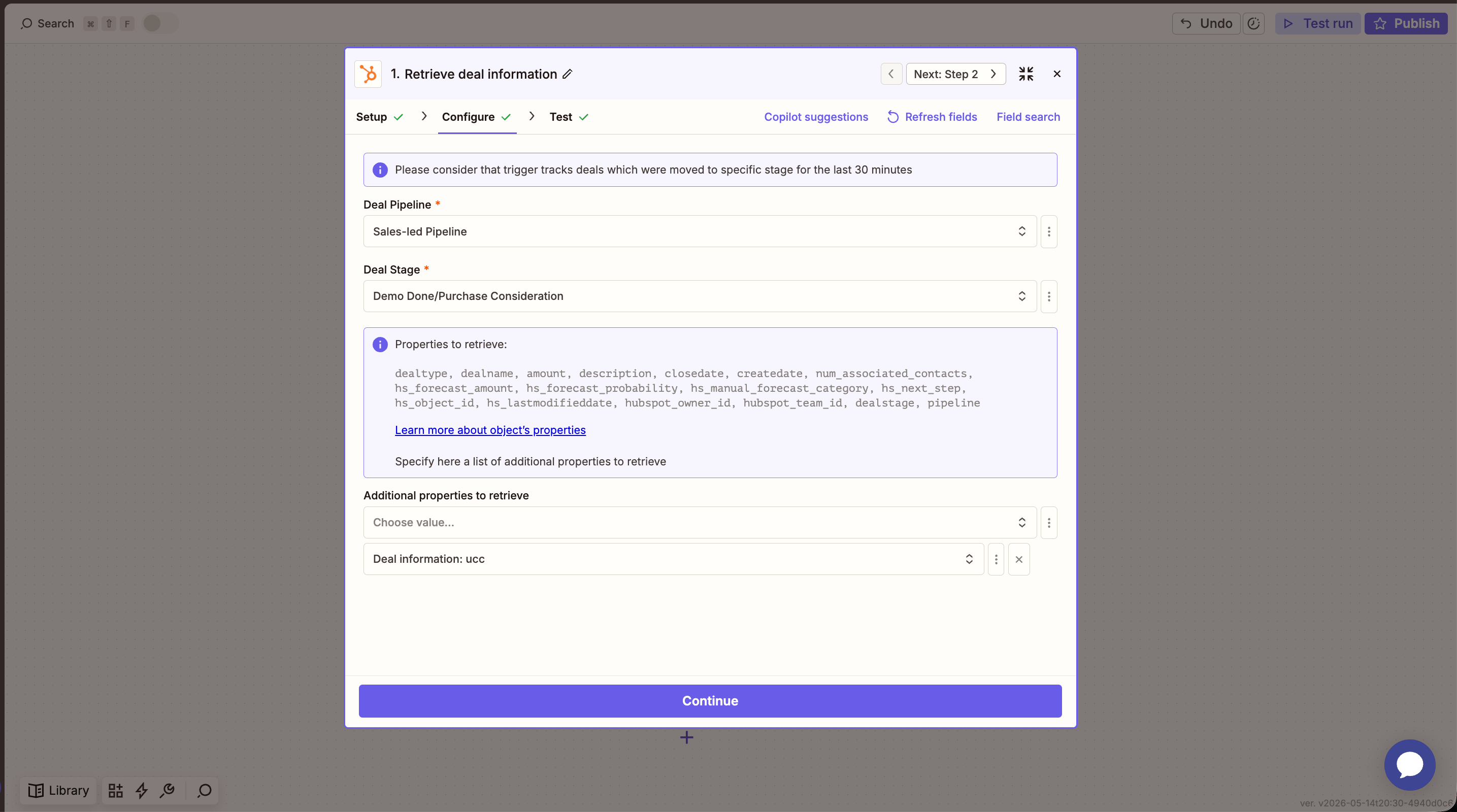 HubSpot trigger configured with pipeline, deal stage, and ucc as an additional property