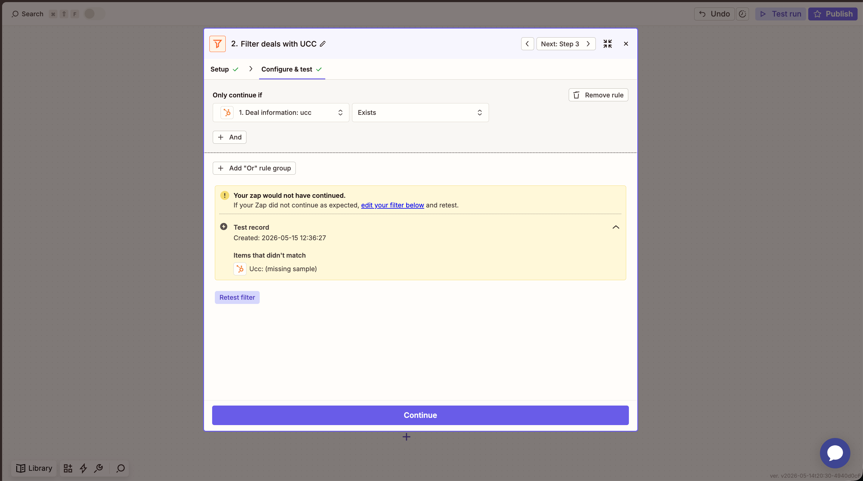 Zapier filter step: only continue if deal property ucc exists