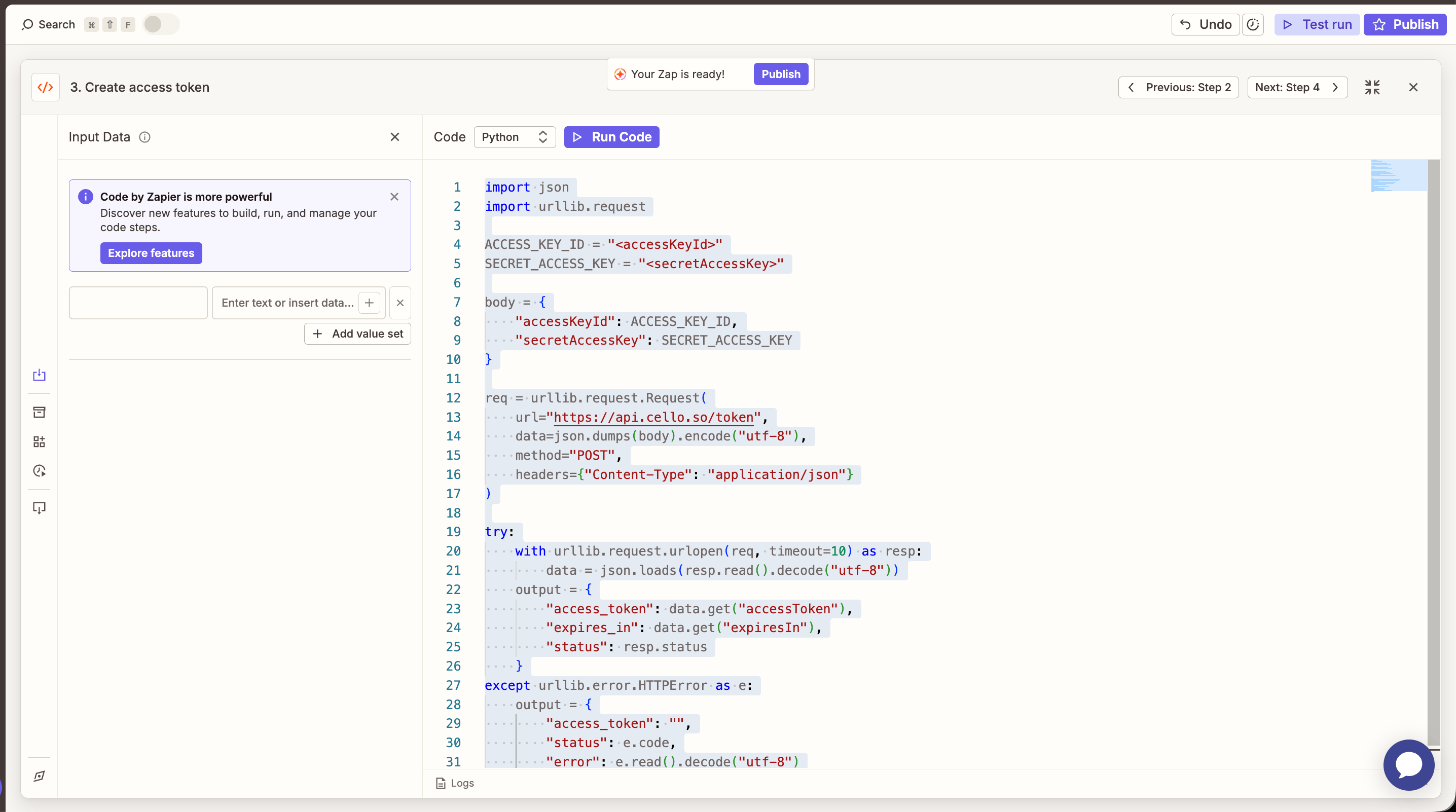 Code by Zapier step creating a Cello access token via POST /token