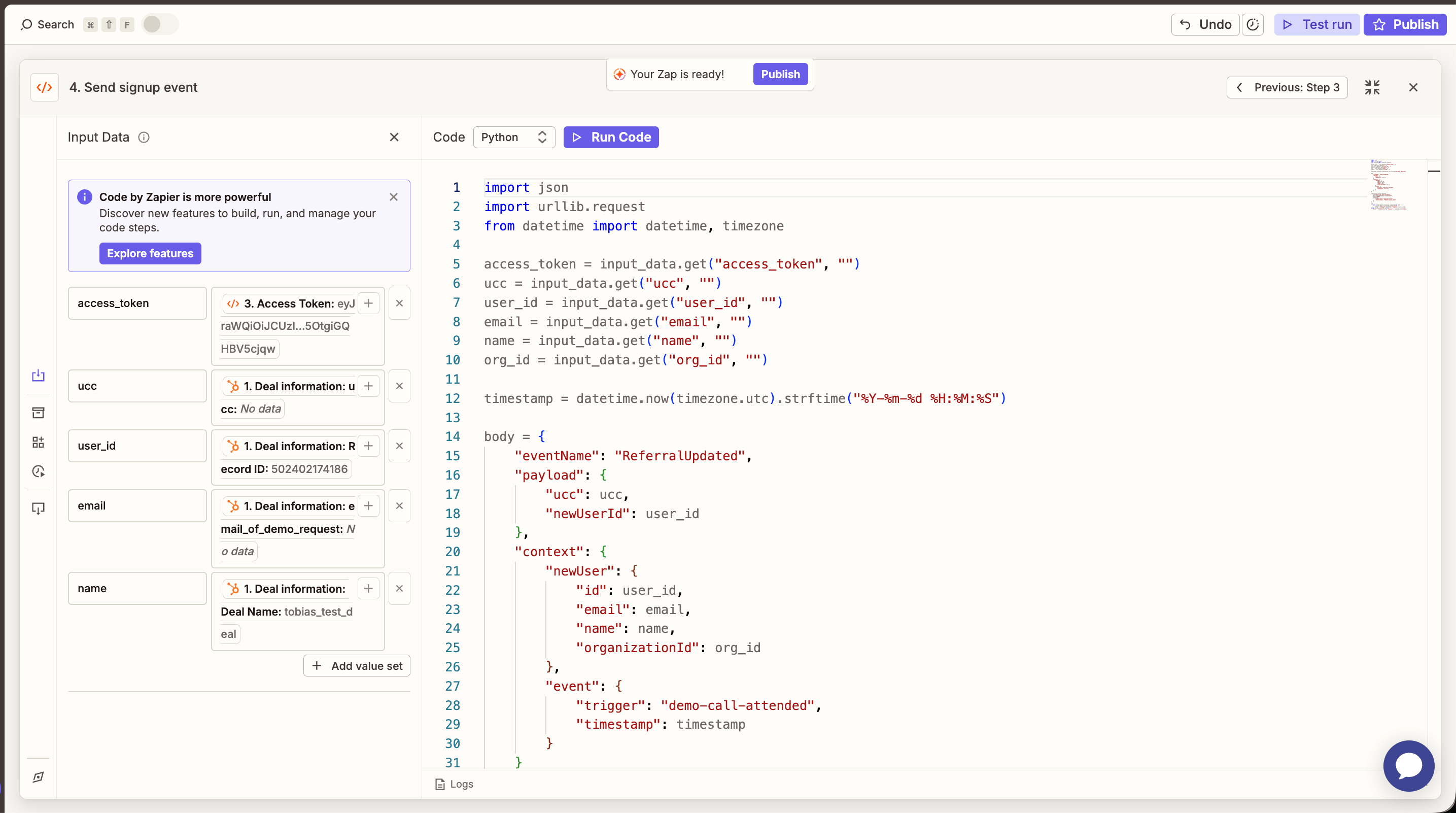 Code by Zapier step sending a demo-call-attended event to Cello with mapped HubSpot fields