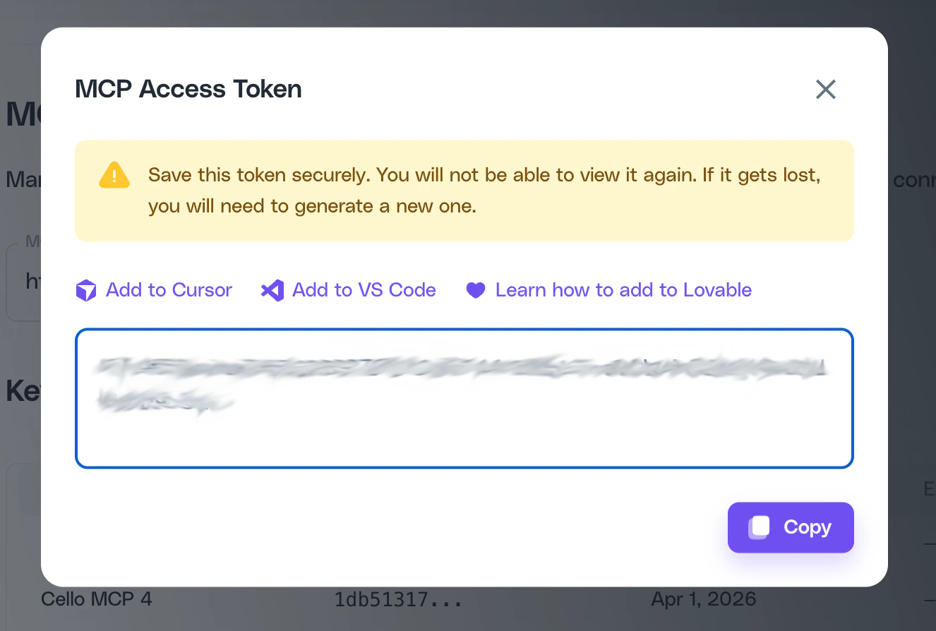 Cello Portal MCP Access Token dialog showing the token, a warning to save it securely, and quick-add links for Cursor, VS Code, and Lovable