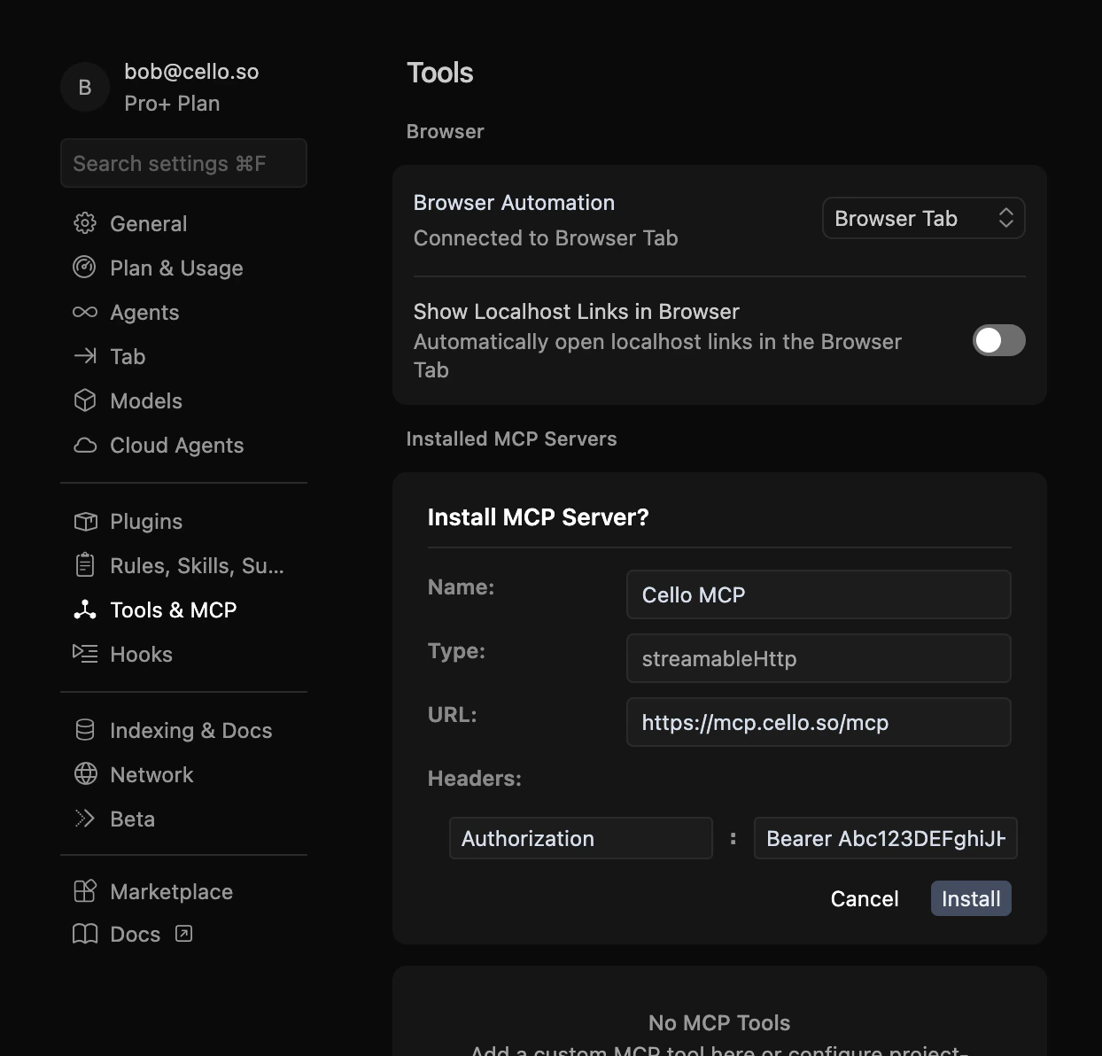 Cursor Install MCP Server dialog with Cello MCP name, URL, and Authorization header