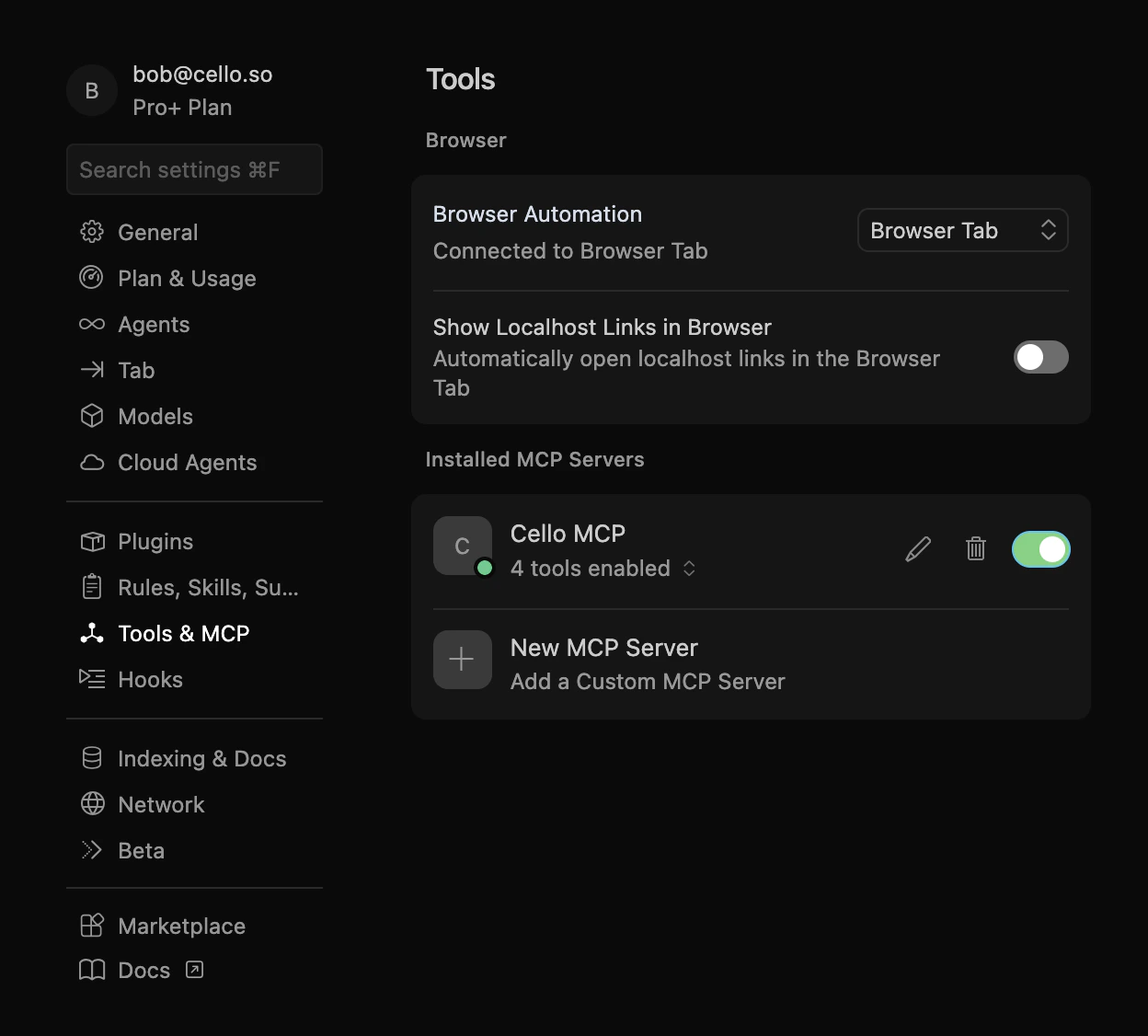 Cursor Tools & MCP settings showing Cello MCP connected with 4 tools enabled