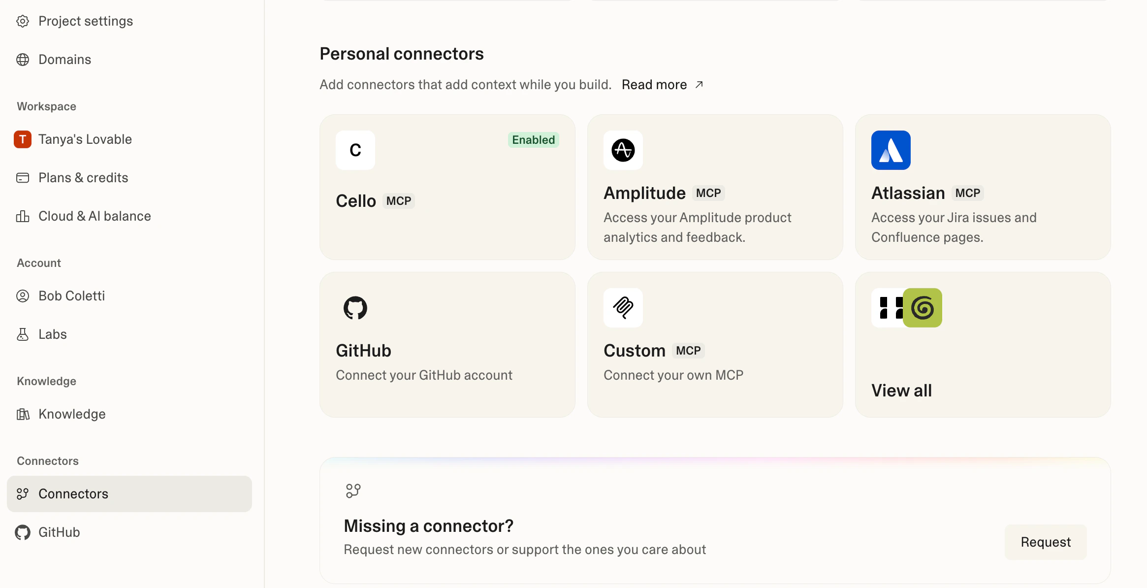 Lovable Settings showing Cello as an enabled MCP personal connector