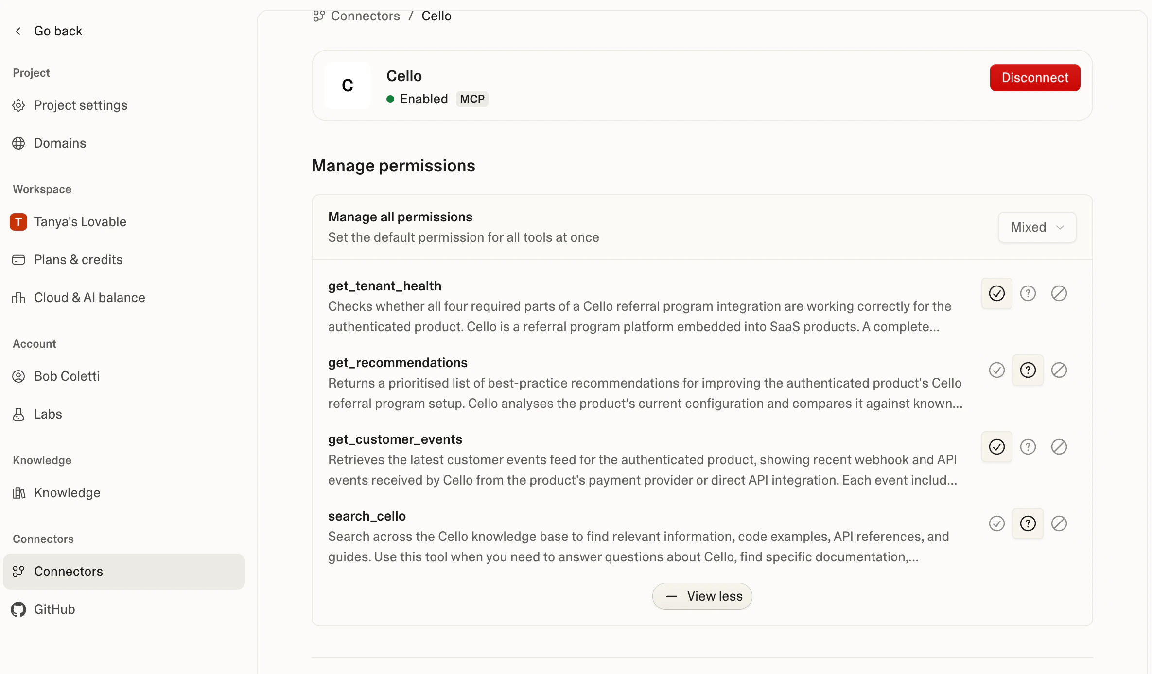 Lovable Cello connector detail view showing all four tools with permission controls