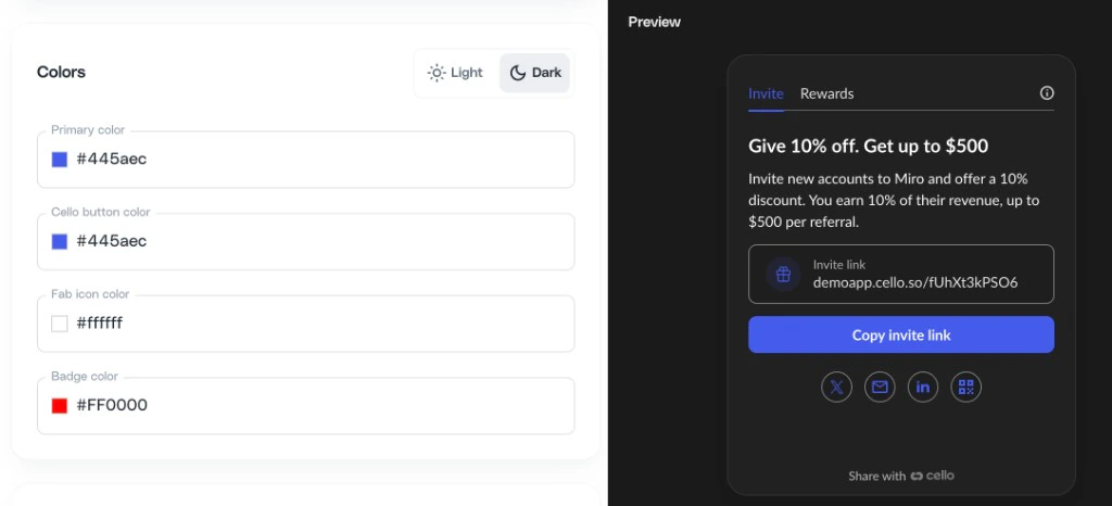 Brand color configuration options with Light/Dark toggle