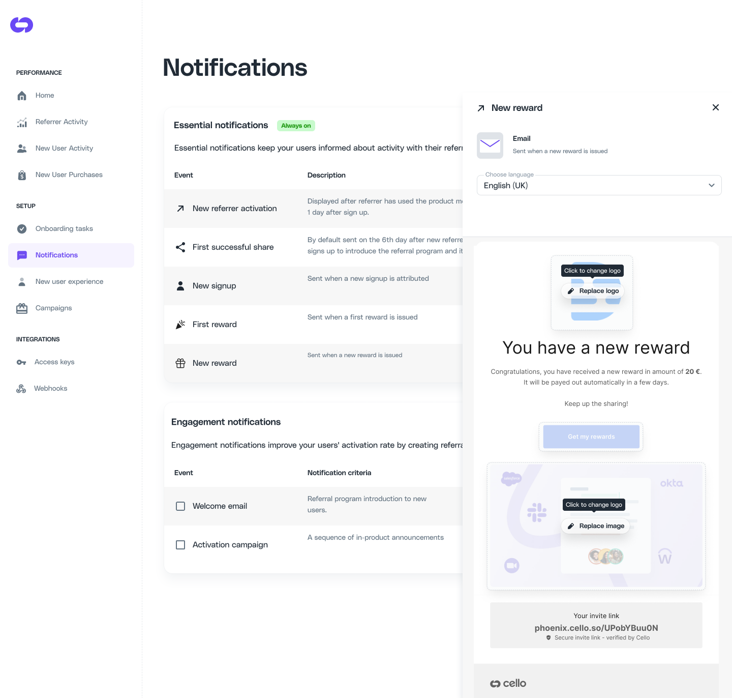 Email template customization in Cello Portal