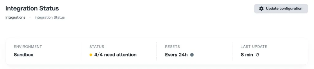 Integration Status page header showing Environment, Status, Health Window, and Last Update