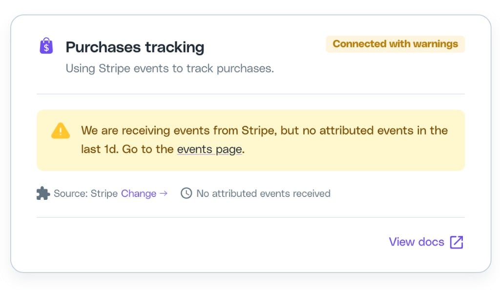 Integration Status card for Purchases tracking showing a Connected with warnings state