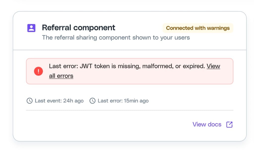Integration Status card for the Referral component showing a Connected with warnings state with a JWT token error