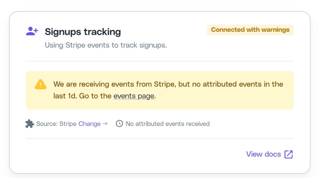 Integration Status card for Signups tracking showing a Connected with warnings state