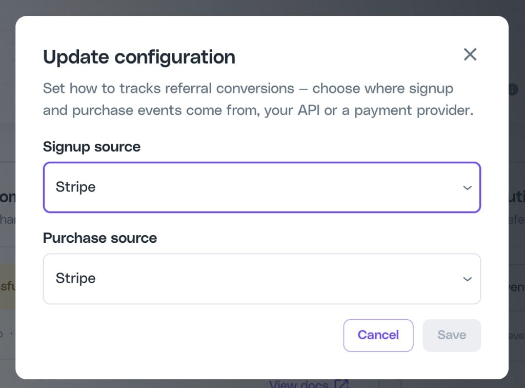 Update configuration modal with Signup source and Purchase source dropdowns