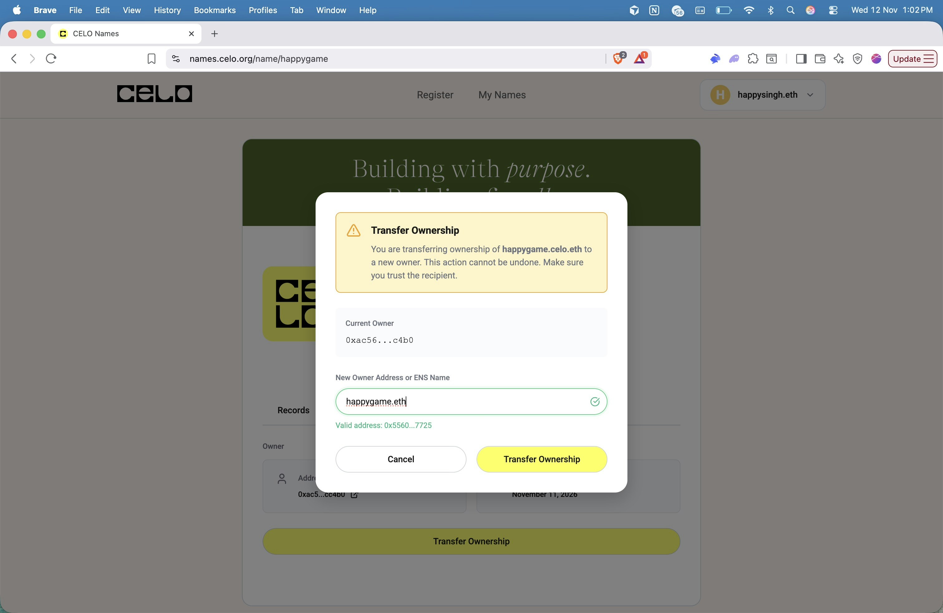 Add ENS or Ethereum address and confirm transfer
