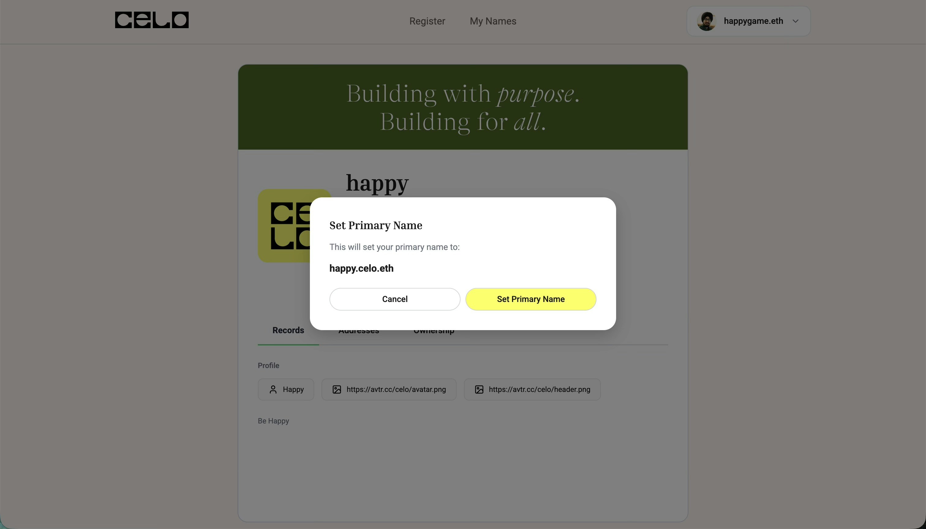 Set primary name confirmation