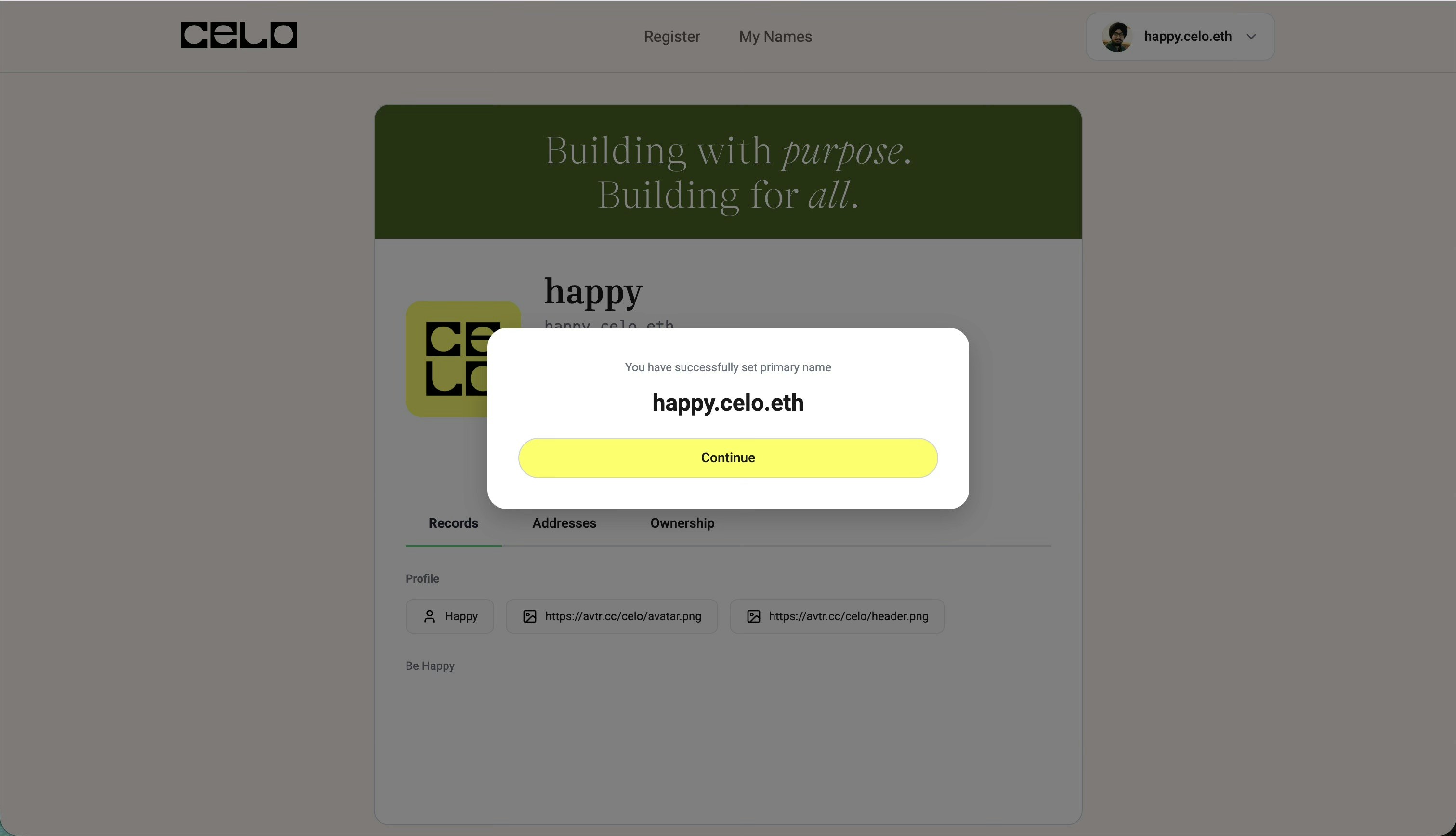Primary name set successfully
