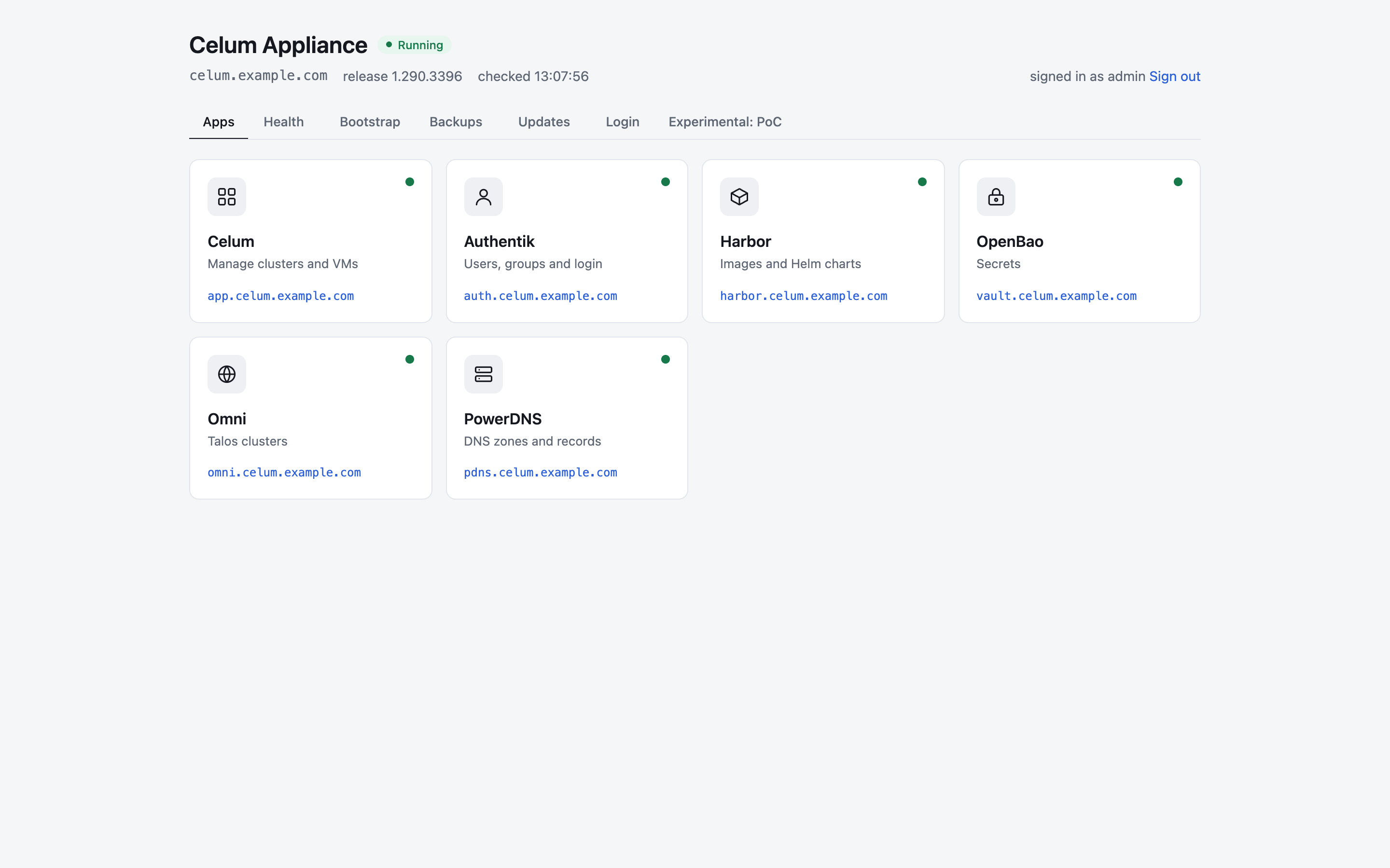 The Apps tab, with a tile for Celum, Authentik, Harbor, OpenBao, Omni and PowerDNS