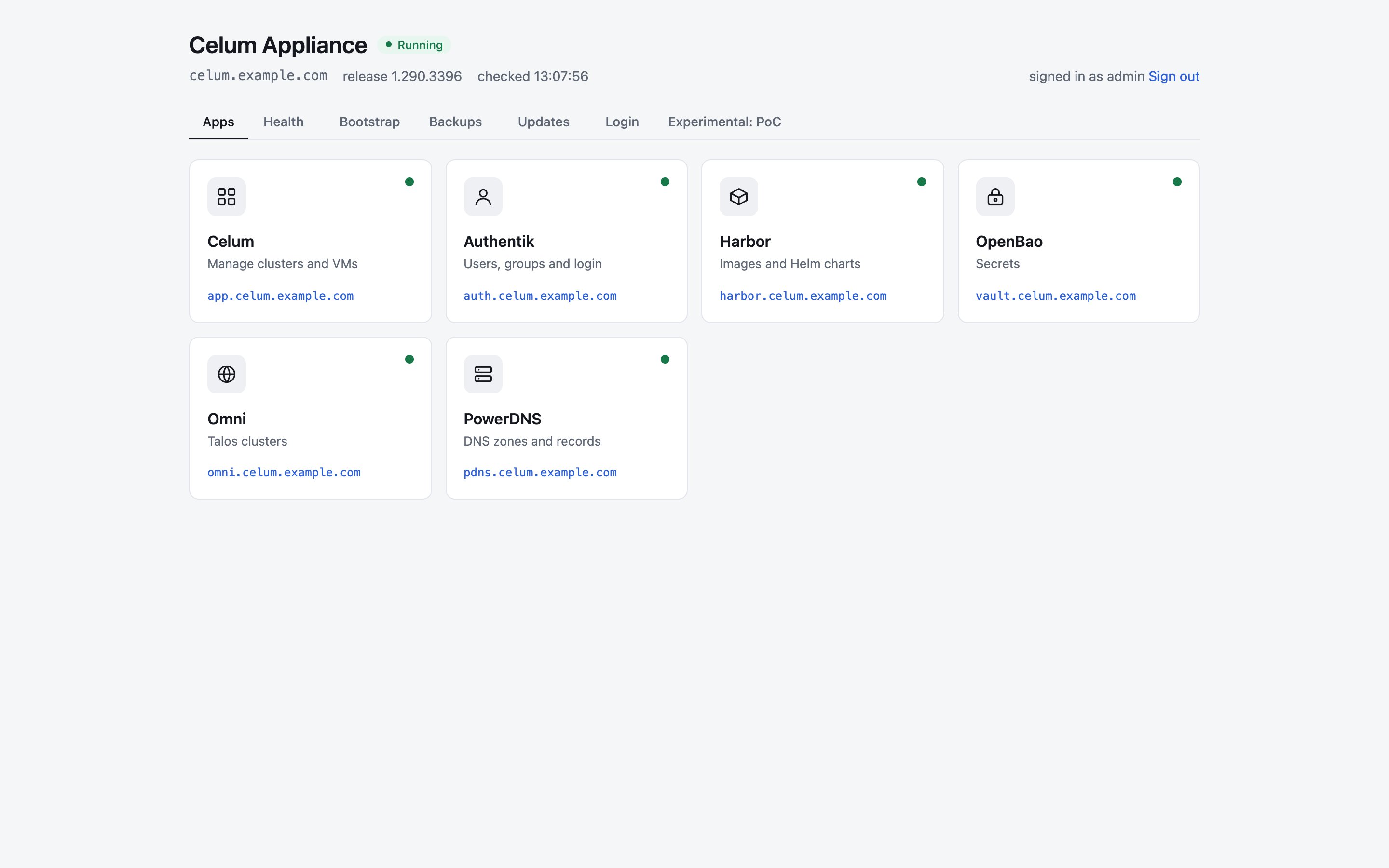 The Apps tab, with a tile for Celum, Authentik, Harbor, OpenBao, Omni and PowerDNS