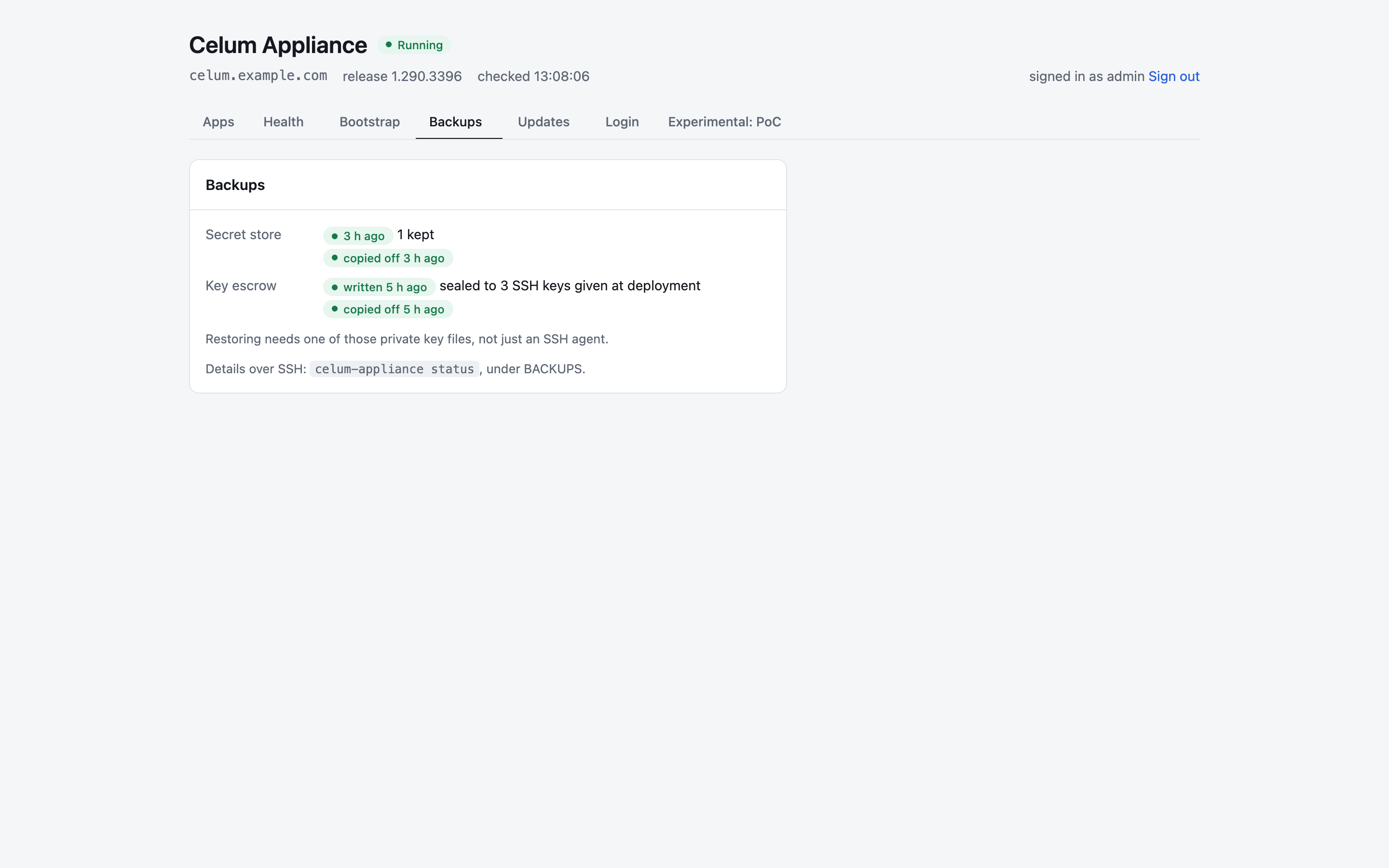 The Backups tab, with the secret store and the key escrow