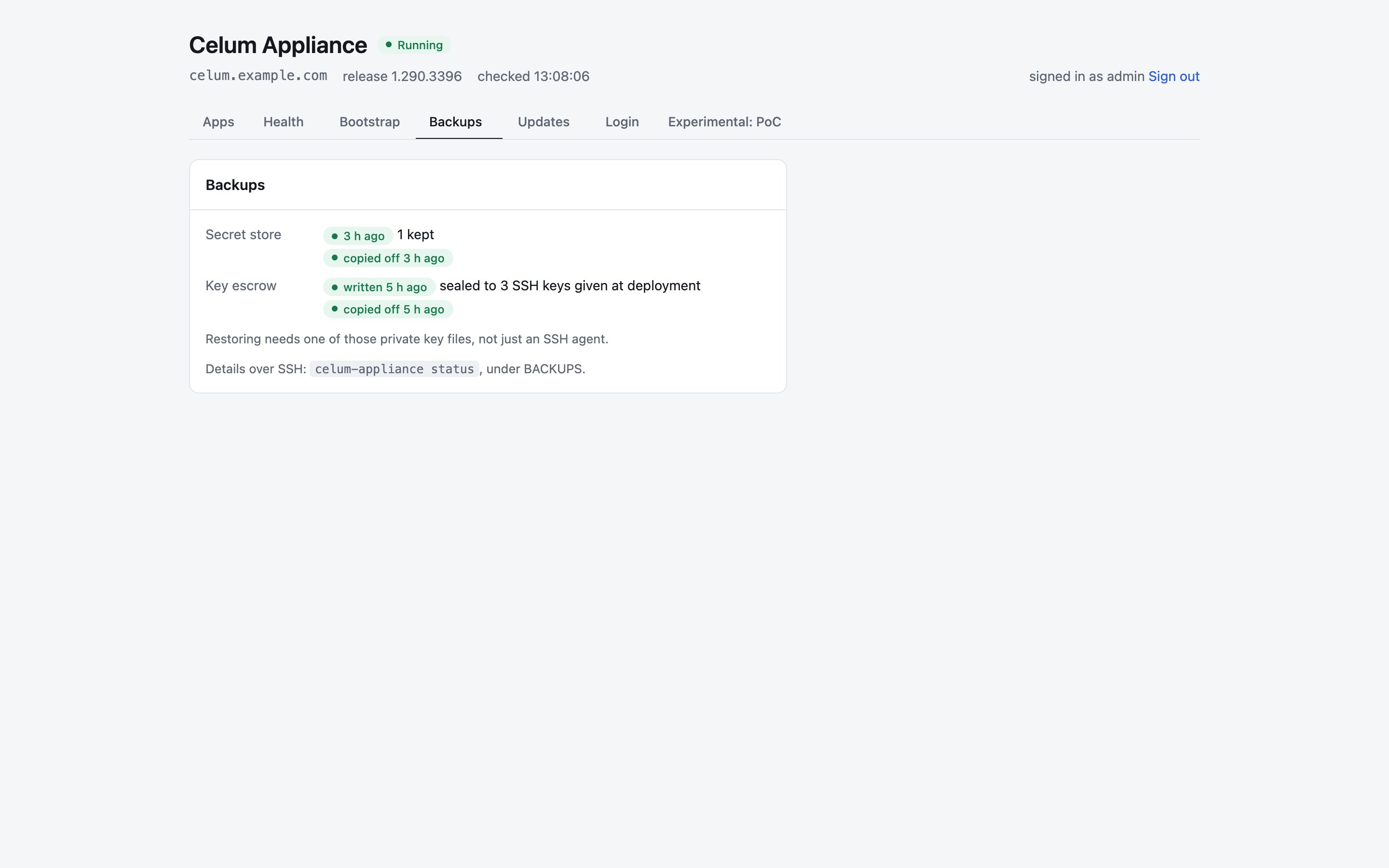 The Backups tab, with the secret store and the key escrow