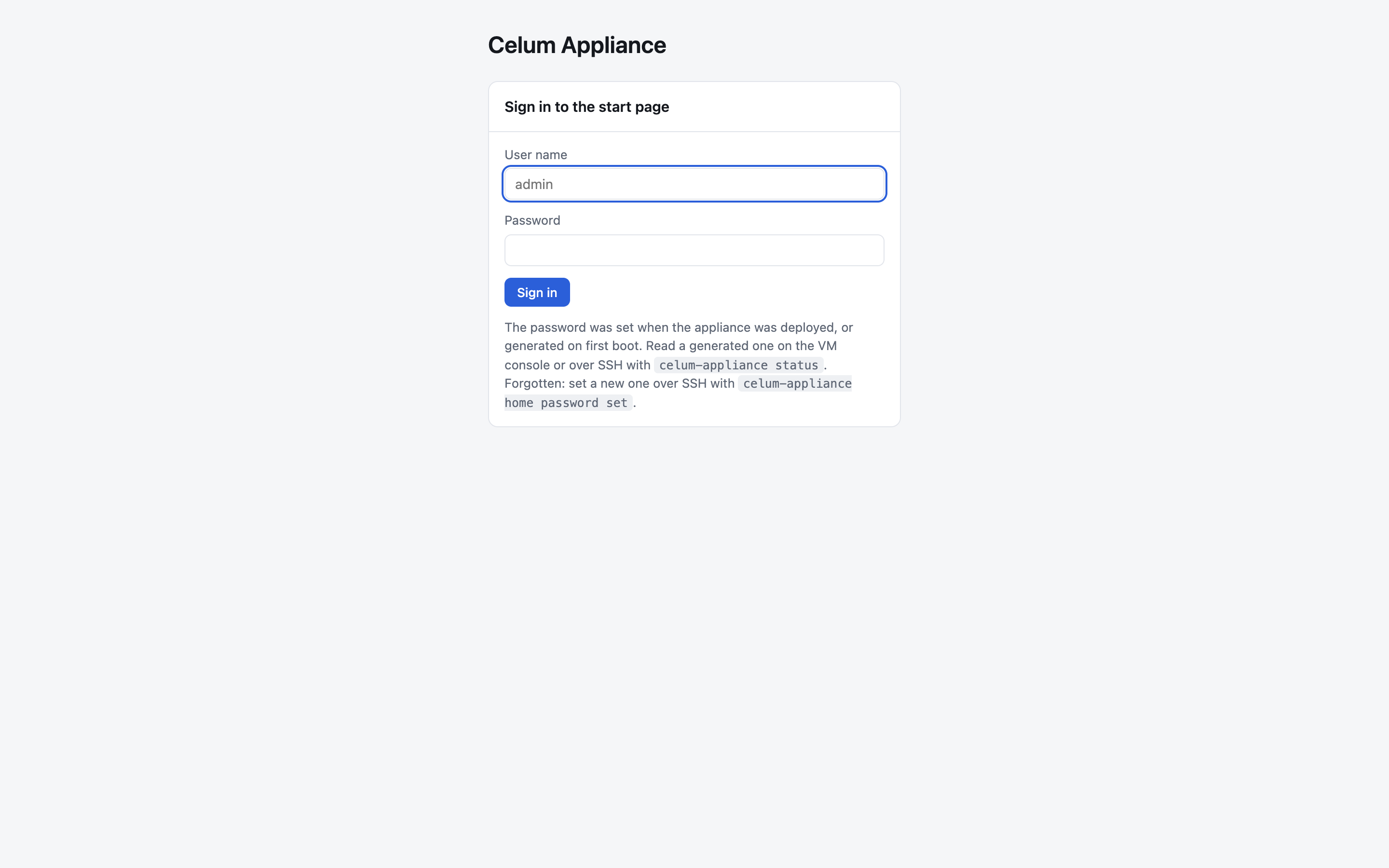 The start page sign-in form