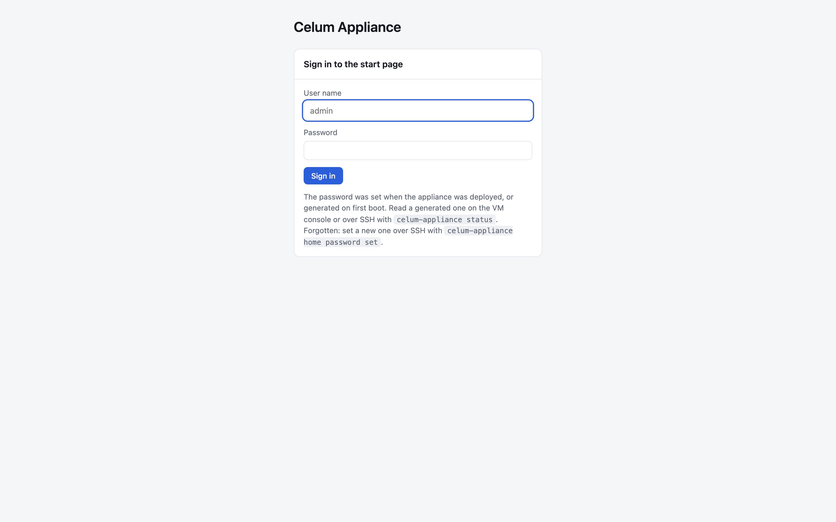 The start page sign-in form
