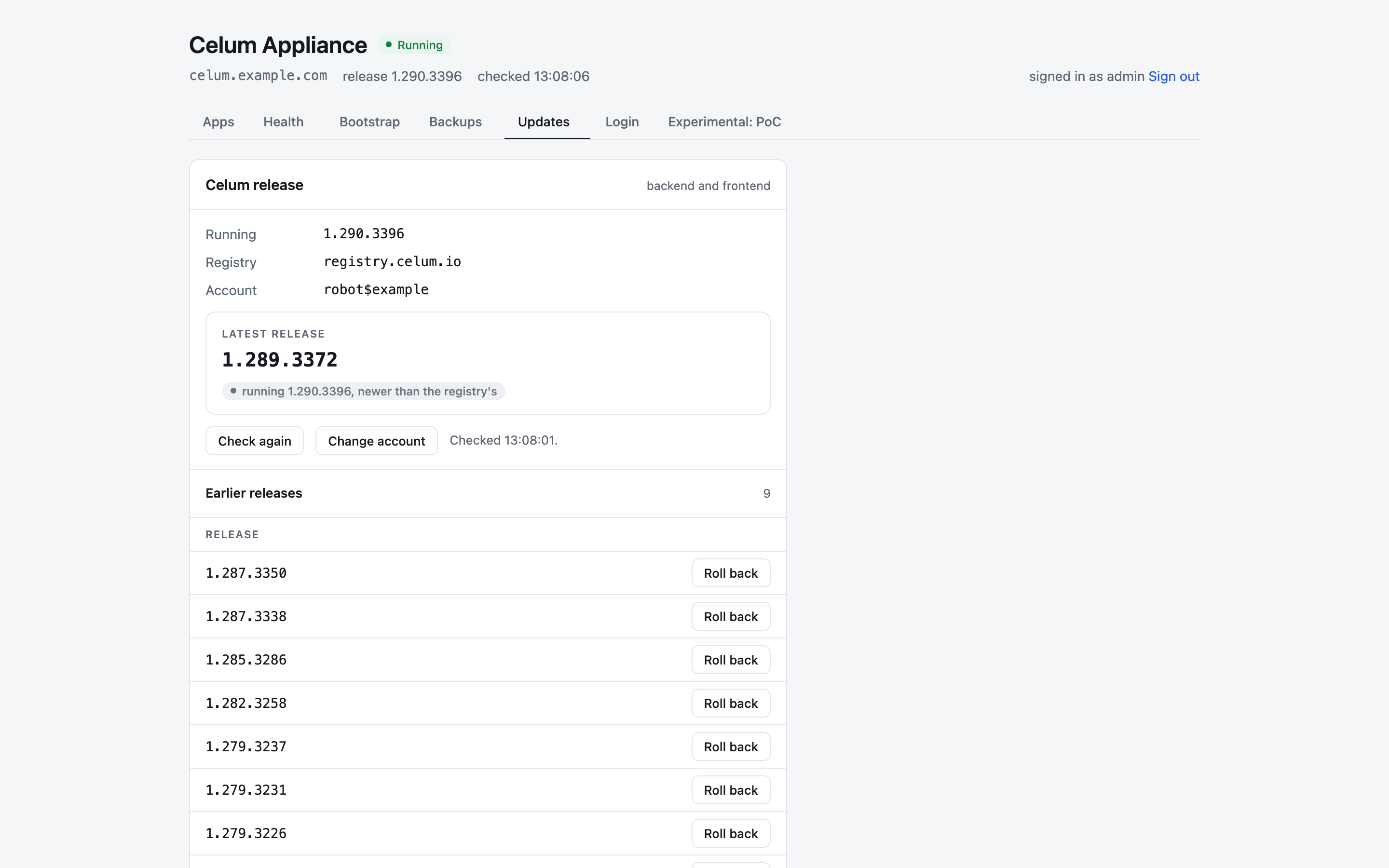 The Updates tab, with the running release, the latest release and earlier releases