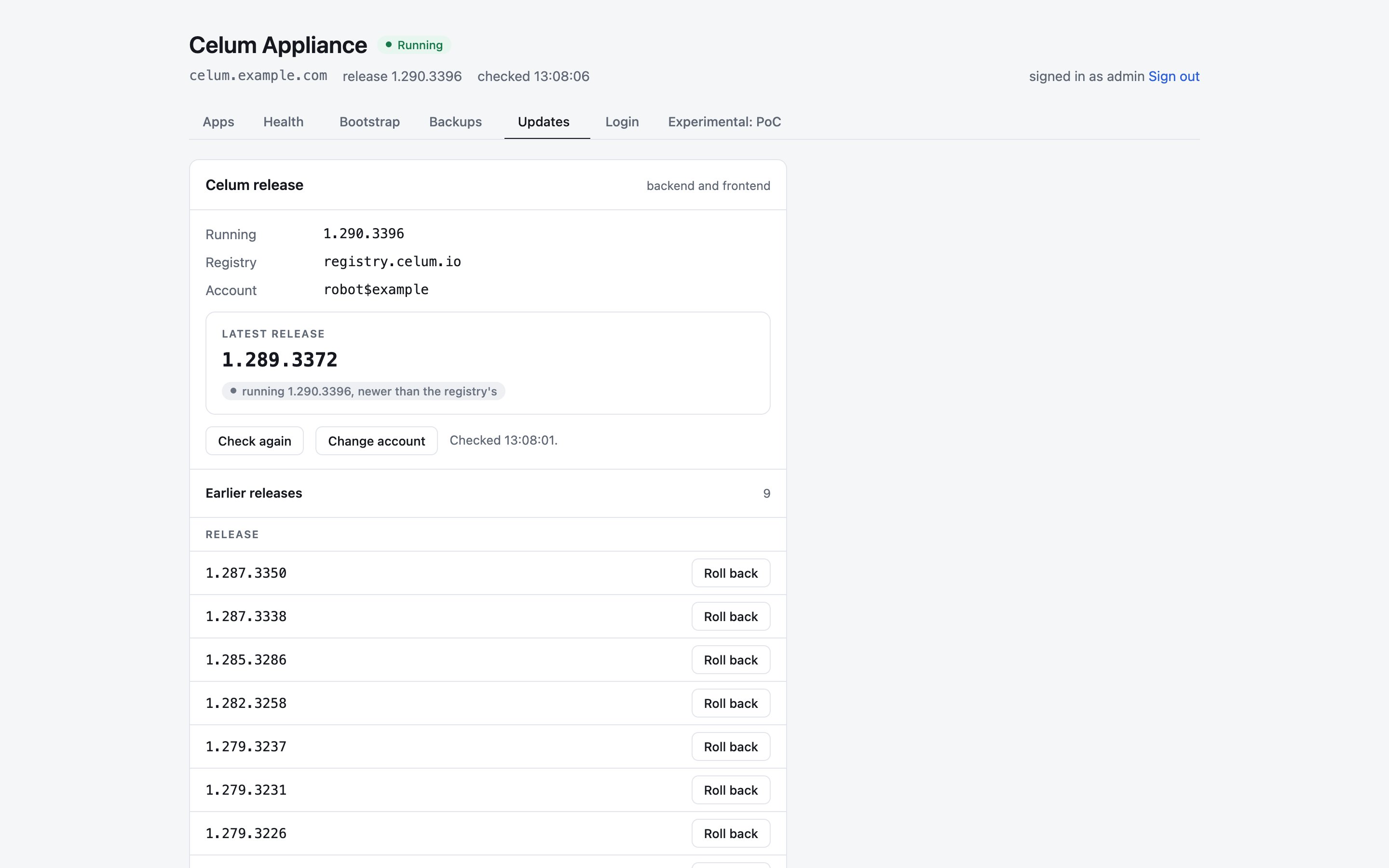 The Updates tab, with the running release, the latest release and earlier releases